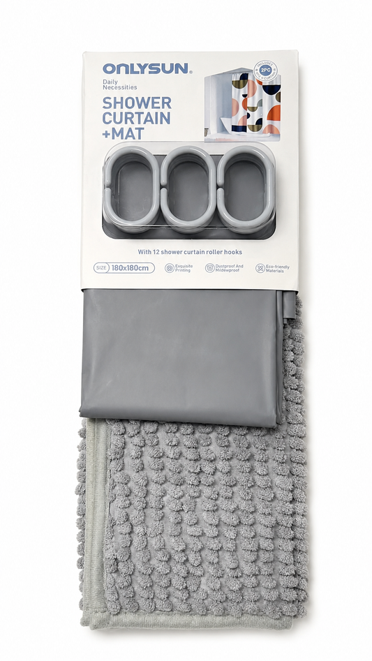 Set Cortina + Alfombra de Baño Gris